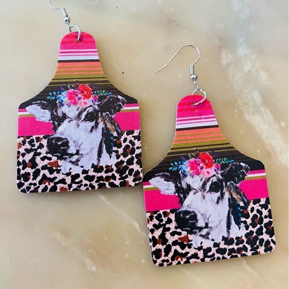 Pink western cheetah print cow earrings